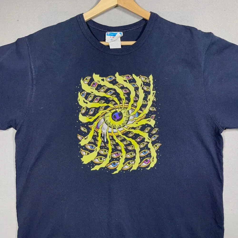 Champion T-Shirt Men‎ XL Vintage Y2K Yellow Eye Spiral Graphic Navy Blue - Picture 2 of 10